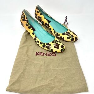 Kenzo Y2K Yellow Kitten Pumps w/ Dark Purple Berry Print Size 40